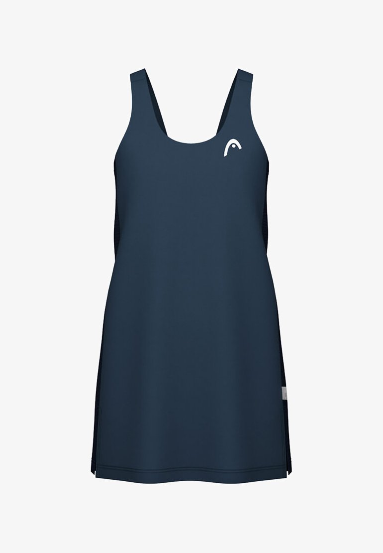 Marinblauwe sportjurk met een ronde halslijn, rugverticaal gesneden banden en zijsplitten. Bevat een klein wit logo op de borst.