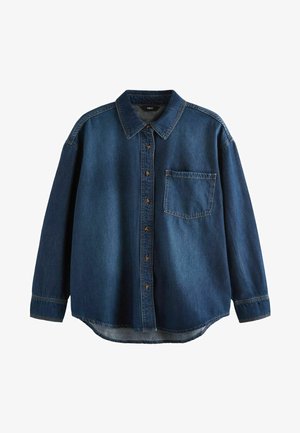 Mørkeblå denimskjorte med knaplukning foran, krave, lange ærmer og en brystlomme. Inkluderer subtile syninger.
