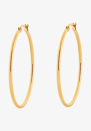 Zlate kovinske uhane v obliki obroča, ki imajo krožno obliko s gladko površino in varen sistem zapiranja.