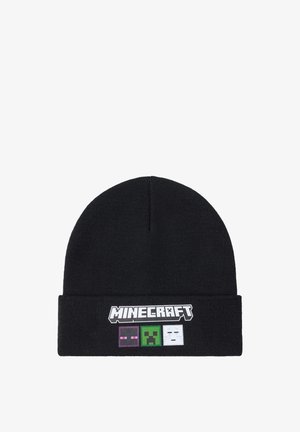 Zwarte beanie gemaakt van gebreide stof met een omgevouwen boord. Grafische afbeeldingen van Minecraft-personages in paars, groen en wit aan de voorkant.