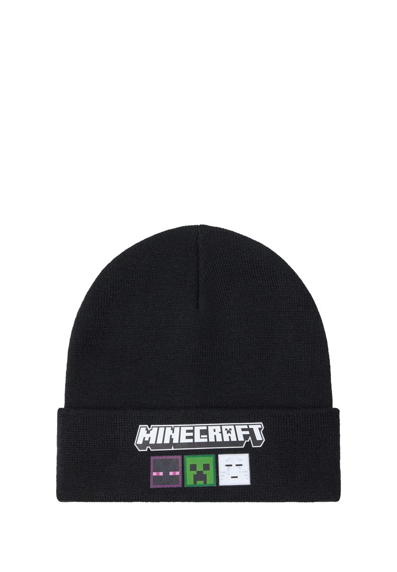 Bonnet noir en tissu tricoté avec un revers. Graphiques de personnages de Minecraft en violet, vert et blanc à l'avant.