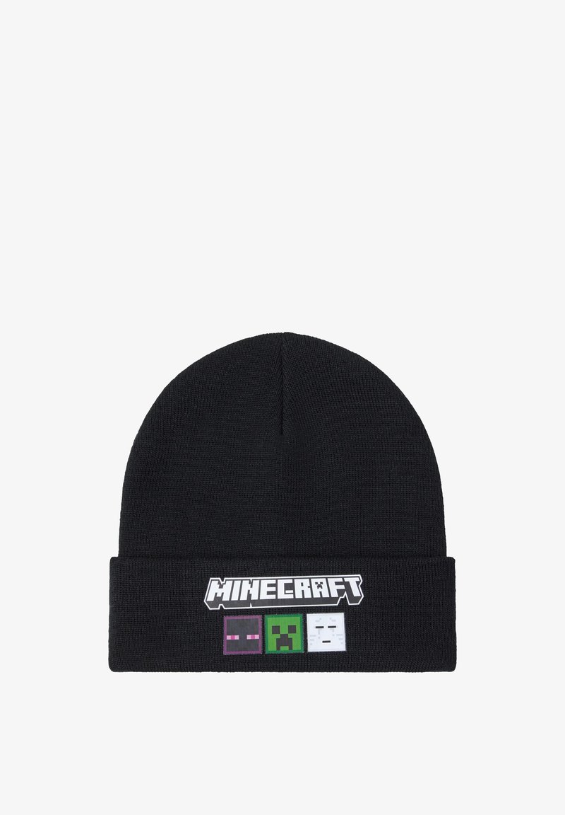 Schwarze Mütze aus gestricktem Stoff mit umgeschlagenem Saum. Grafiken von Minecraft-Charakteren in Lila, Grün und Weiß auf der Vorderseite.