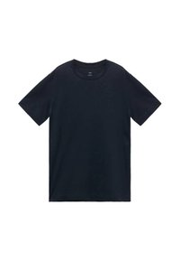 Camiseta de manga corta azul marino con cuello redondo, hecha de algodón, que presenta una textura suave y un diseño simple, sin adornos.