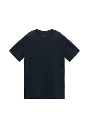 Navy blue short-sleeve t-shirt with a round neckline, made from cotton, featuring a smooth texture and a simple, unembellished design.