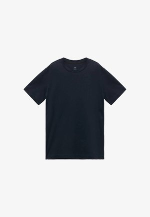 Navy blue short-sleeve t-shirt with a round neckline, made from cotton, featuring a smooth texture and a simple, unembellished design.