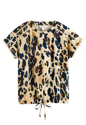 Top s leopardím vzorom v béžovej farbe, s krátkymi rukávmi, sťahovacím lemom a obrúbenými okrajmi rukávov. Vyrobený z ľahkej látky.