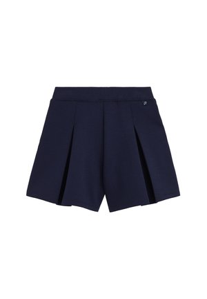 Pantaloni scurți plisati de culoare albastru închis, cu talie elastică și etichetă mică cu logo pe partea dreaptă.