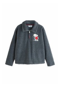 Tmavě šedá fleecová bunda s polovičním zipem, vysokým límcem, kapsami vpředu a vyšitým motivem Snoopyho držícího červené srdce na hrudi.