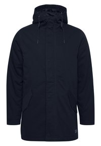 Navy blue, hooded parka with a front zip closure, two side pockets, and adjustable drawstrings. Made from durable fabric with a smooth texture.
