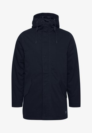 Tume sinine, kapuutsiga parka, millel on ees lukuga sulgur, kaks küljetaskut ja reguleeritavad stringid. Valmistatud vastupidavast kangast, millel on sile tekstuur.