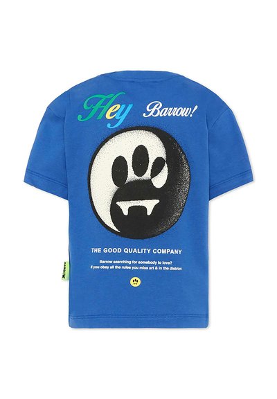 T-shirt bleu avec une empreinte de patte style yin-yang et un design de croc, texte "Hey Barrow !" et texte plus petit sur "The Good Quality Company."