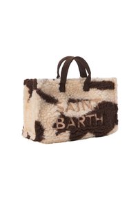 Borsa in shearling crema e marrone. Presenta manici corti marroni e la scritta in rilievo "SAINT BARTH" sul davanti. Forma rettangolare.