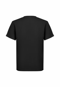 Lyhythihainen musta t-paita, joka näkyy takaa valkoista taustaa vasten, miehustassa pyöreä pääntie ja normaali istuvuus.