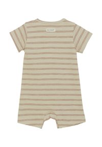 Randig kortärmad jumpsuit i beige med röda linjer. Mjuk tyg, rund halsringning och tryckknappstängning i botten för enkel påklädning.