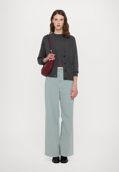 Cardigan gri peste un top închis, asortat cu blugi largi de culoare verde deschis. Ținând o poșetă burgundy. Pantofii negri completează ținuta.