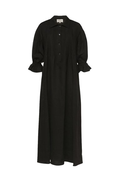 Long black dress with collar, three buttons down the chest, puffed three-quarter sleeves, and ruffled cuffs.