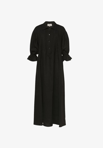 Long black dress with collar, three buttons down the chest, puffed three-quarter sleeves, and ruffled cuffs.