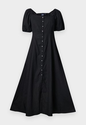 Fekete midi ruha puffos ujjakkal, négyzet alakú nyakkivágással és elöl gombos záródással, deréknál testhez simuló és bővülő szoknyával.