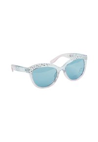 Lunettes de soleil style œil de chat avec une monture translucide pailletée, des verres teintés bleus et des rhinestones décoratifs le long du bord supérieur.