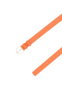 Orange leather belt with a smooth texture, featuring a silver metal buckle and multiple holes for adjustable sizing.