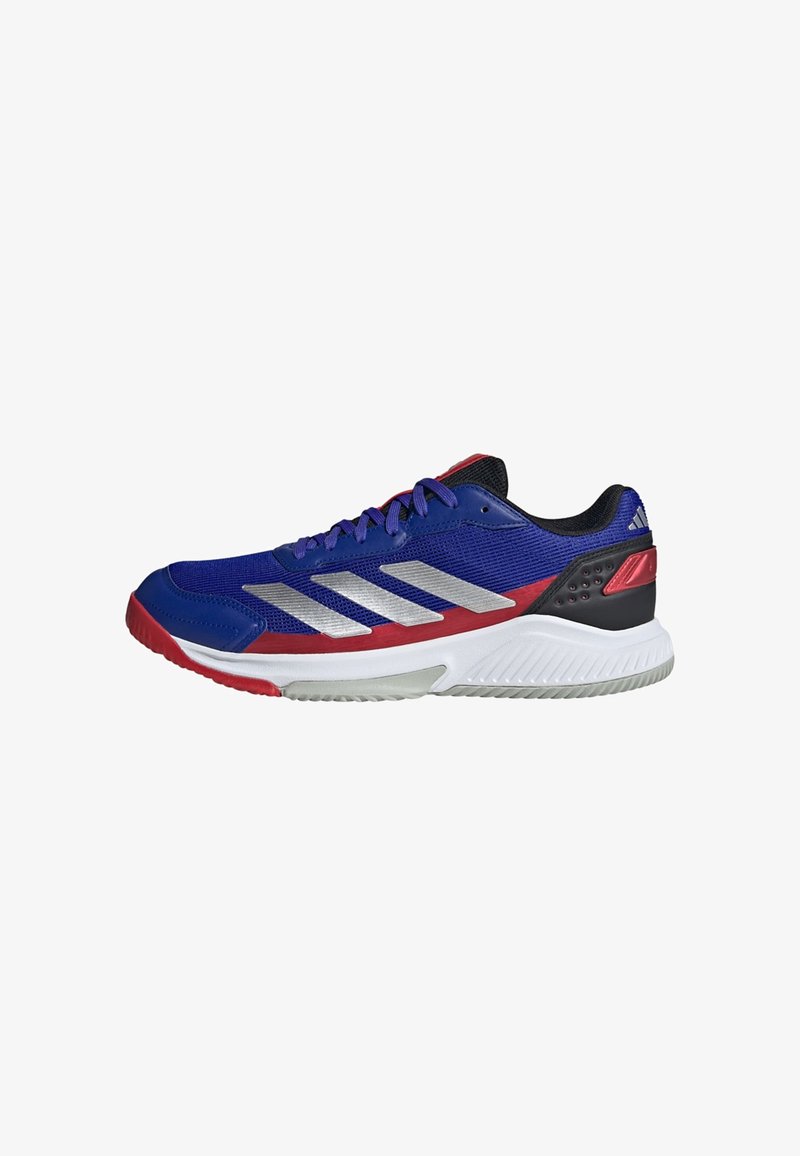 Sport shoe featuring a vibrant blue mesh upper with silver stripes, red accents on the sole, and a black heel counter for support.