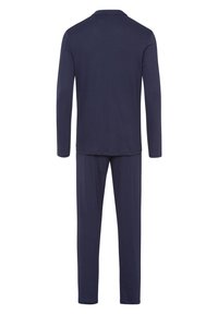 Navyblaues Langarm-Pyjama-Set aus weichem Stoff; umfasst ein Hemd mit Kragen und passende Hose, mit einer lockeren Passform und einfachem Design.