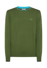 Maglione verde con maniche lunghe, collo rotondo, rifinitura azzurro chiaro al collo e un piccolo logo blu sul petto. Tessuto a maglia morbida e testurizzata.