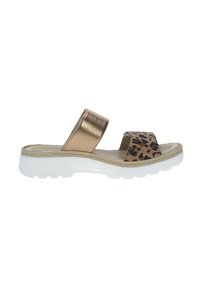 Slide sandals with a metallic gold upper strap and a leopard print lower strap. White textured sole with a slight platform.