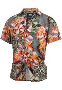 Short-sleeve button-up shirt featuring a colorful, patchwork design with geometric and floral patterns in orange, green, and black.