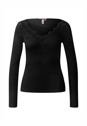 Czarna damska bluzka z długim rękawem o fakturze prążkowanej i koronkowej lamówce wokół dekoltu w kształcie litery V, rozmiar mały, metka widoczna wewnątrz kołnierza.