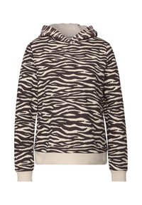 Hoodie in beige en donkerbruin met een zebra-streep patroon. Heeft een voorzak en ribgebreide manchetten en zoom.