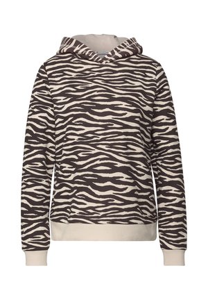 Sweat-shirt à capuche en beige et brun foncé avec un motif rayé zèbre. Présente une poche kangourou à l'avant et des poignets et un ourlet côtelés.
