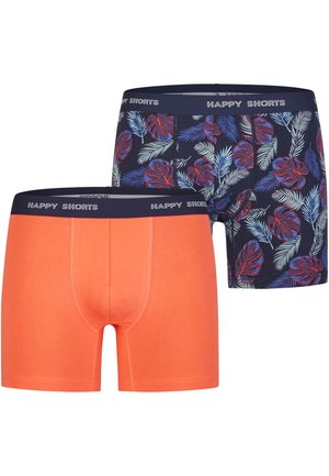 Kahdet miesten bokserit, toiset yksiväriset oranssit ja toiset laivastonsiniset, joissa sinisiä ja punaisia lehtikuvioita, kummassakin laivastonsininen vyötärönauha, jossa teksti "HAPPY SHORTS.".