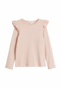 Langärmliges Shirt aus leicht rosa Rippstoff mit Spitzenakzenten an den Schultern und am Bündchen. Rundhalsausschnitt und weiche Textur.