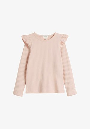 Langærmet skjorte i lyserødt ribbet stof med blondekantdetaljer på skuldrene og manchetterne. Rund halsudskæring og blødt materiale.