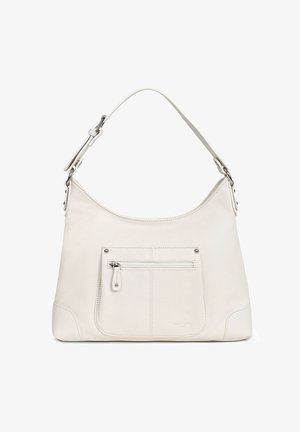 Witte leren schoudertas met een gebogen bovenkant, een bevestigde schouderband, een voorvak met rits en zichtbare stiksels. Soepele textuur en minimalistisch ontwerp.