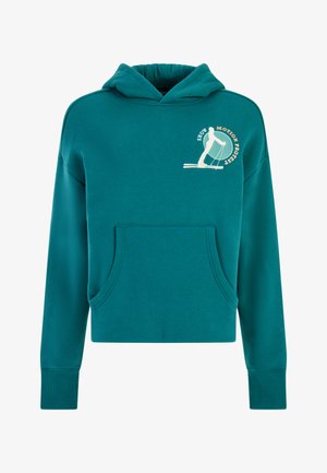 Sūdymas mėlynas džemperis, pagamintas iš minkštos medžiagos, su priekyje esančia kišene ir slidininko grafika. Yra su raišteliais reguliuojama kapuce ir banguotomis rankovėmis.