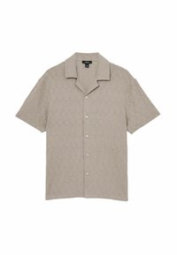 Kurzarmhemd in Beige mit einem strukturierten Rautenmuster, eingeschlagenem Kragen und fünf Knöpfen auf der Vorderseite. Weicher Stoff mit einem lässigen Schnitt.