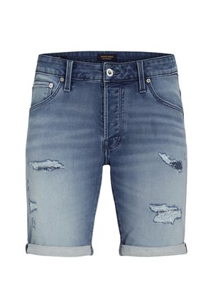 Short en jean bleu clair avec des détails usés, des ourlets retroussés et cinq poches. Doté d'une fermeture classique à bouton et fermeture éclair.