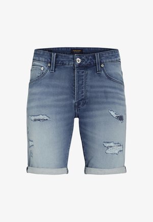 Short en jean bleu clair avec des détails usés, des ourlets retroussés et cinq poches. Doté d'une fermeture classique à bouton et fermeture éclair.