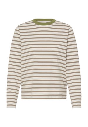 Baltas ilgomis rankovėmis marškinėlis su šviesiai rudomis horizontaliomis juostelėmis, baigtas žaliu ribbiniu apvaliu kaklu. Minkšta medvilninė med žiaga.