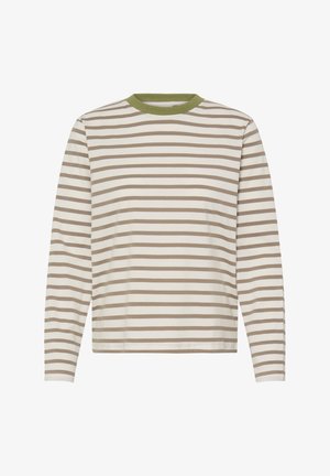 Chemise à manches longues blanche avec des rayures horizontales marron clair, finition avec un col ras du cou côtelé vert. Matière coton douce.