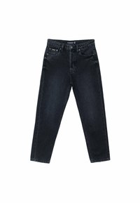 Zwarte denim jeans met een rechte pijpdesign, vijf zakken en een rits. De stof heeft een subtiele textuur en klassieke stikdetails.
