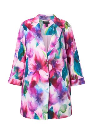 Lange bloemenblazer met roze, paarse, blauwe en groene bloemen in aquarelstijl, drie knopen en een reverskraag.