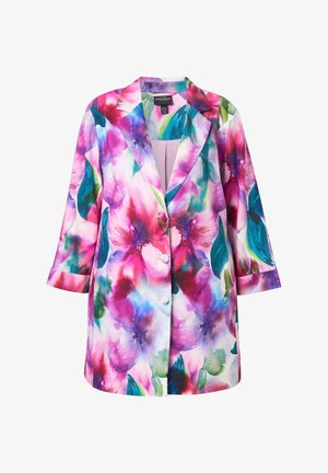 Dlouhý květovaný blazer s květy v růžové, fialové, modré a zelené ve stylu akvarelu, se třemi knoflíky a výstřihem s klopou.