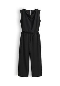 Sleeveless black jumpsuit with elastic waist, wide legs, crew neckline, and back button closure hanging against white background.