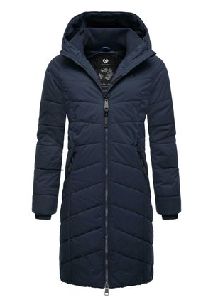 Navy blue padded coat with a hood, featuring a diagonal quilted design, front zip closure, and two zippered pockets. Textured fabric.