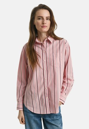 Camicia button-up a righe rosa chiaro con colletto, maniche lunghe, taschino sul petto e dettagli blu. Realizzata in un tessuto liscio.