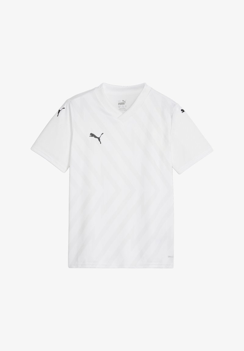 Biała sportowa koszulka z dekoltem w kształcie litery V, z delikatnym wzorem w zygzaka oraz czarnymi logo Pumy na rękawach i klatce piersiowej. Lekki materiał.