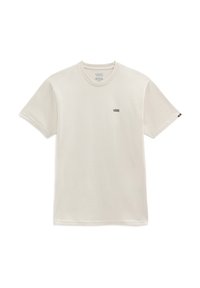 Ljuskrämfärgad bomullströja med rund hals, korta ärmar och en liten svart Vans-logotyp tryckt på vänster bröstområde. Slät textur.